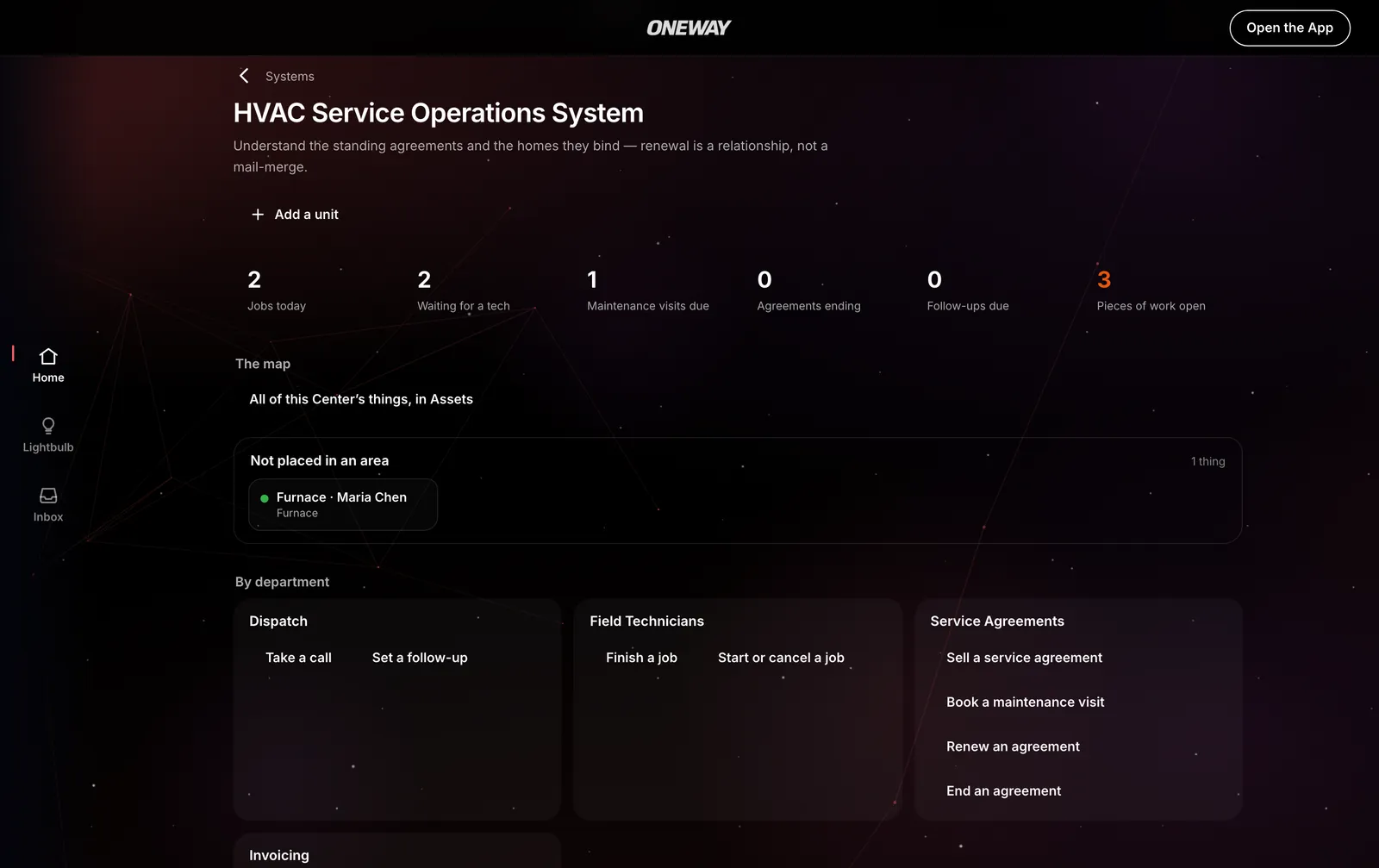 HVAC Service Operations in Oneway OS, with sample records
