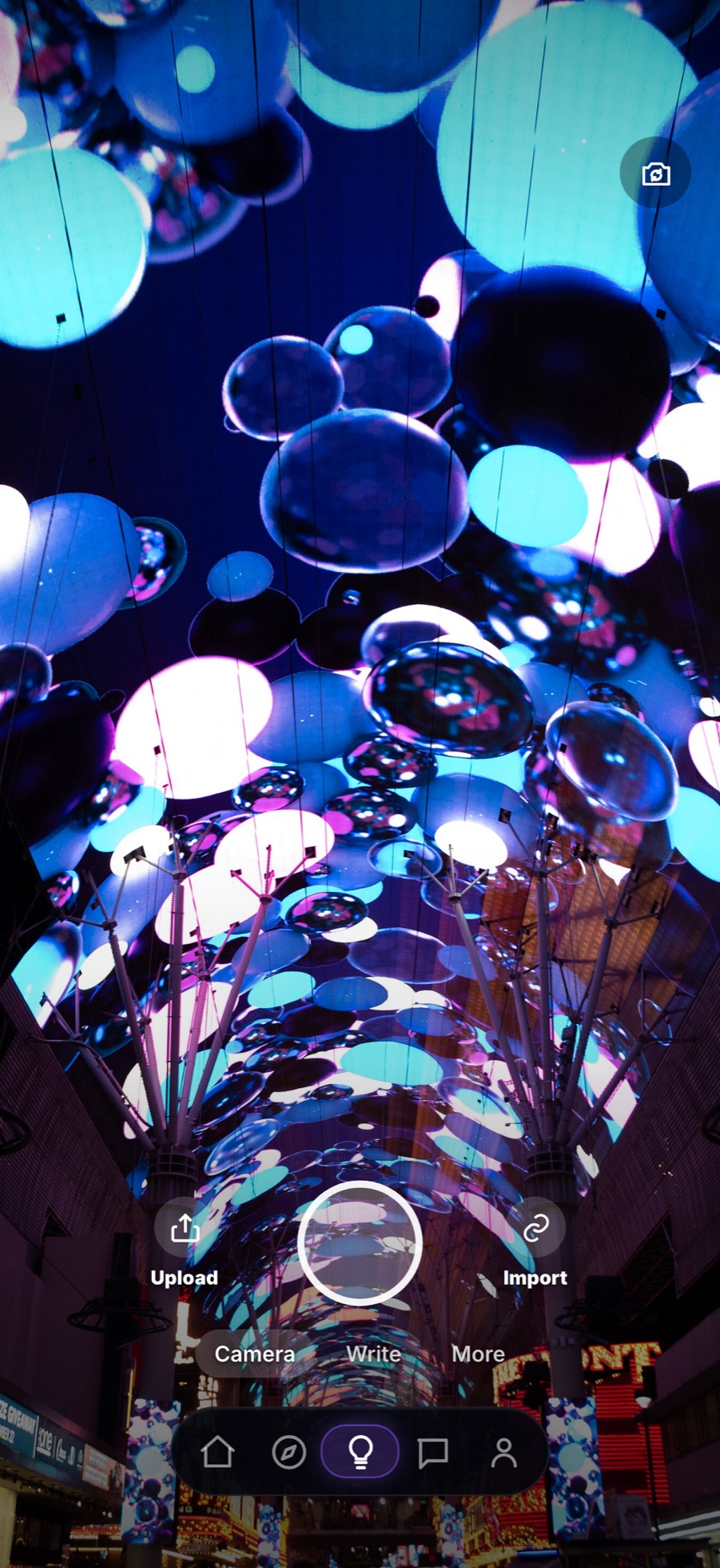Lightbulb in the Oneway App: the camera pointed up at the Fremont Street light canopy in Las Vegas, with the shutter, Upload and Import